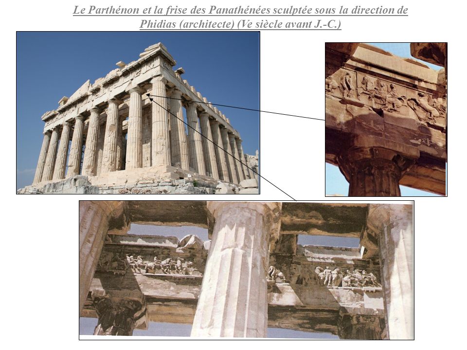 Le Parthénon et la frise des Panathénées sculptée sous la direction de Phidias (architecte) (Ve siècle avant J.-C.)