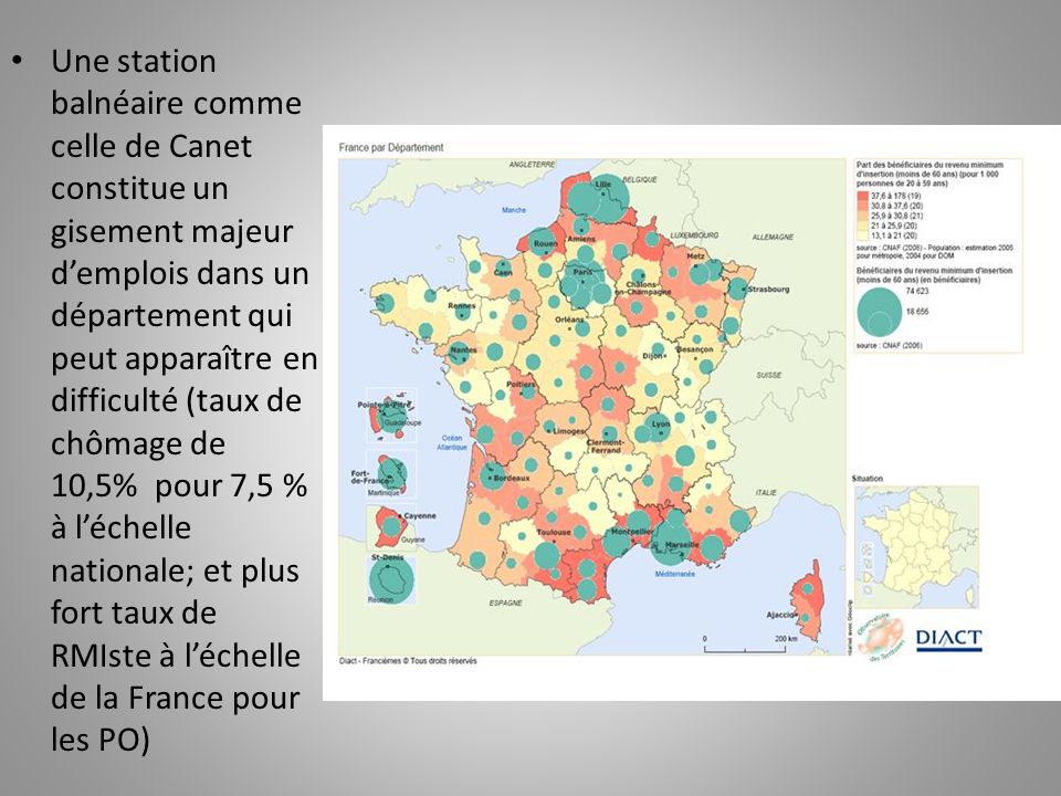 Une station balnéaire comme celle de Canet constitue un gisement majeur d’emplois dans un département qui peut apparaître en difficulté (taux de chômage de 10,5% pour 7,5 % à l’échelle nationale; et plus fort taux de RMIste à l’échelle de la France pour les PO)