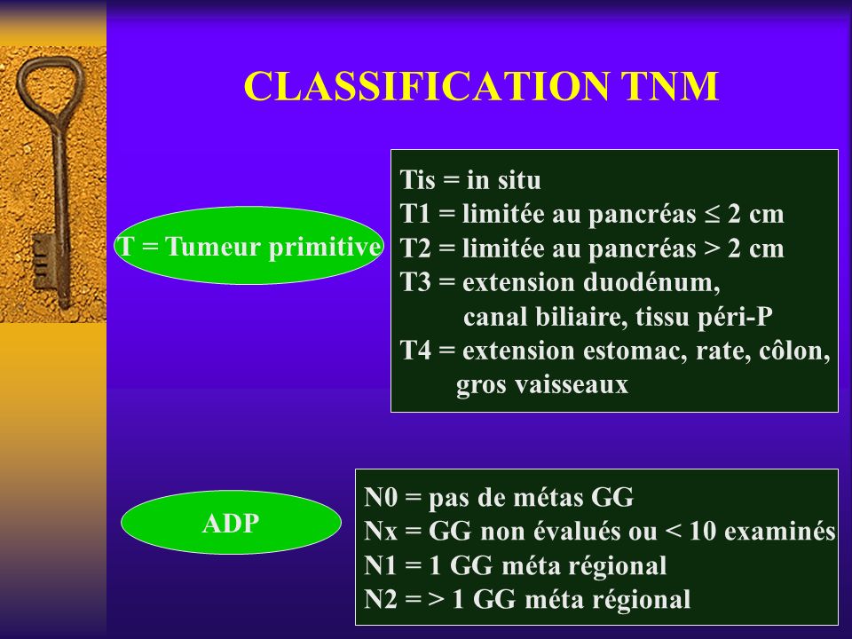 CLASSIFICATION TNM Tis = in situ T1 = limitée au pancréas  2 cm
