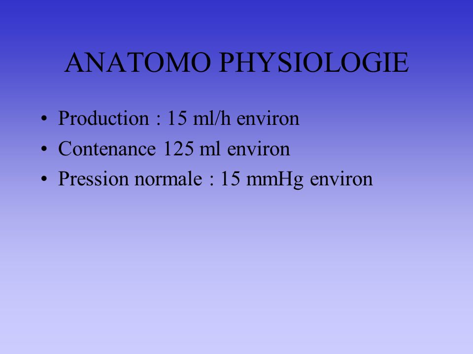 ANATOMO PHYSIOLOGIE Production : 15 ml/h environ