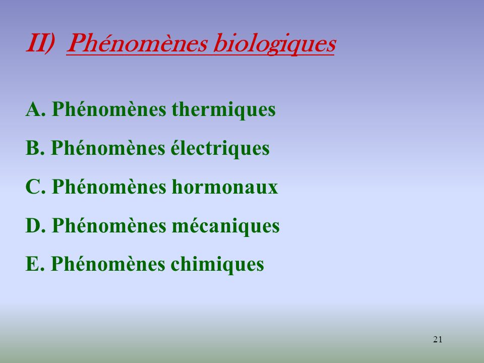 II) Phénomènes biologiques