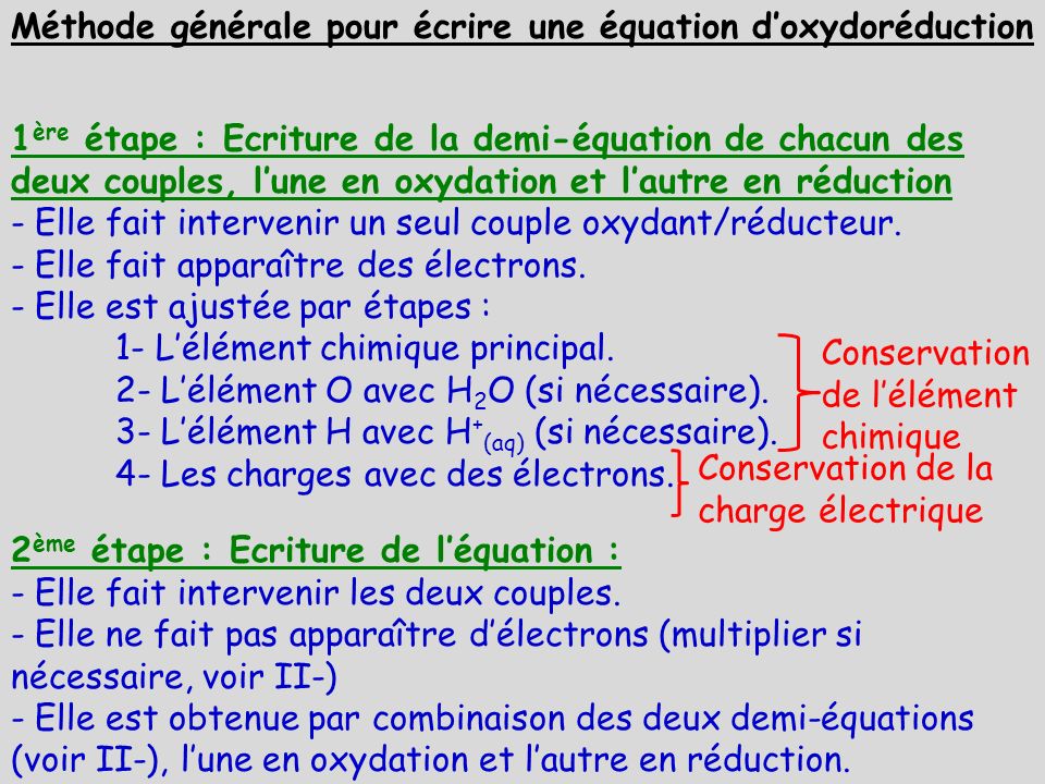 Méthode générale pour écrire une équation d’oxydoréduction