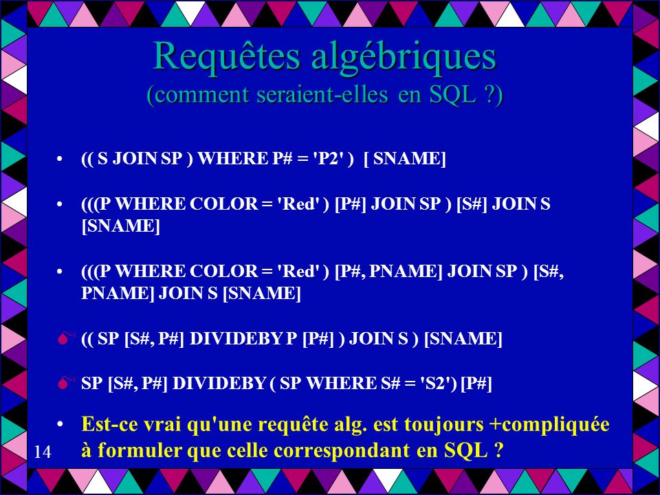 Requêtes algébriques (comment seraient-elles en SQL )