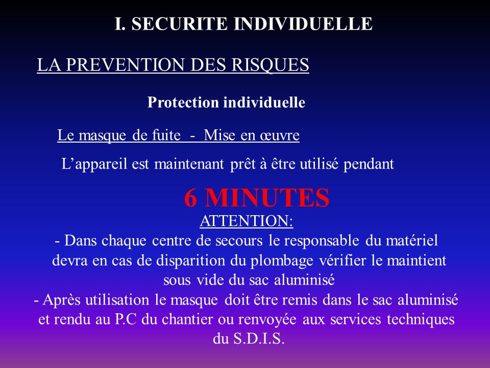 6 MINUTES I. SECURITE INDIVIDUELLE LA PREVENTION DES RISQUES