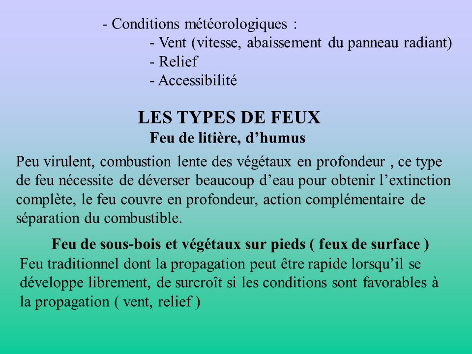 LES TYPES DE FEUX - Conditions météorologiques :
