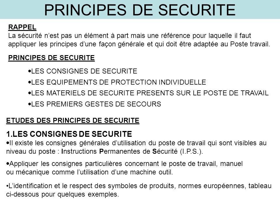 PRINCIPES DE SECURITE LES CONSIGNES DE SECURITE RAPPEL