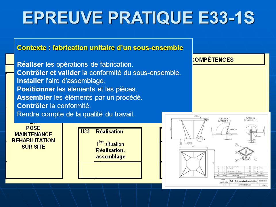 EPREUVE PRATIQUE E33-1S Contexte : fabrication unitaire d’un sous-ensemble. Réaliser les opérations de fabrication.