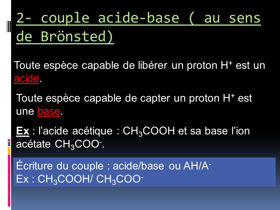 2- couple acide-base ( au sens de Brönsted)