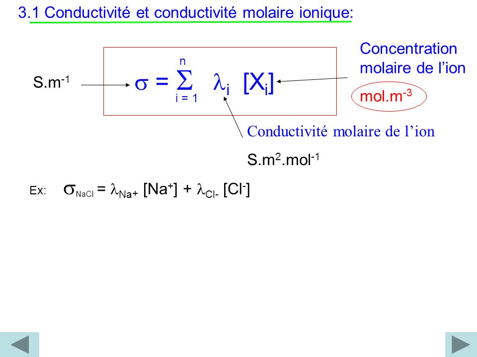 s = S li [Xi] 3.1 Conductivité et conductivité molaire ionique: