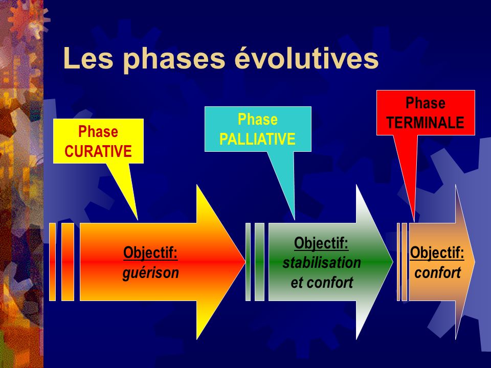 Les phases évolutives Phase TERMINALE Phase PALLIATIVE Phase CURATIVE