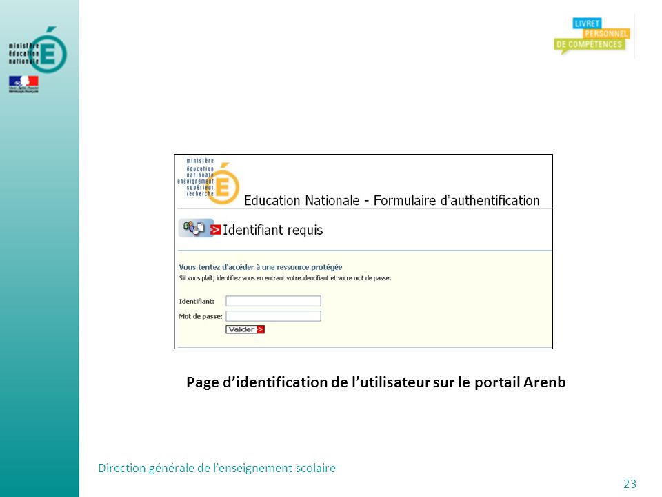 Page d’identification de l’utilisateur sur le portail Arenb