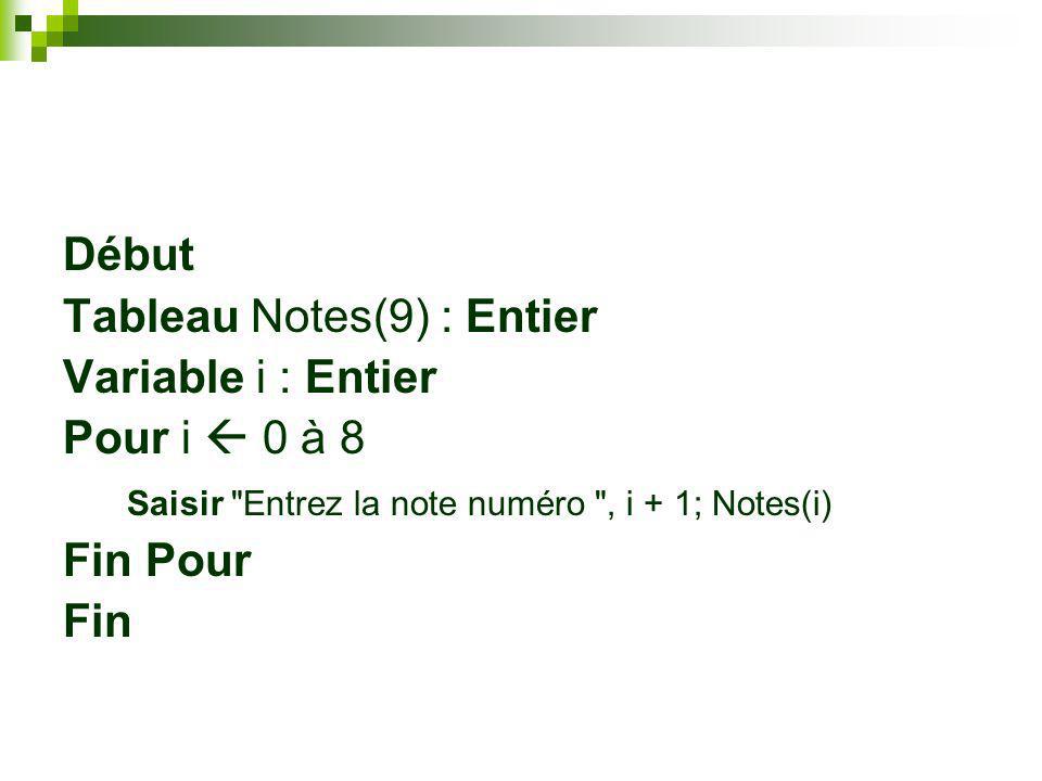 Début Tableau Notes(9) : Entier. Variable i : Entier. Pour i  0 à 8. Saisir Entrez la note numéro , i + 1; Notes(i)