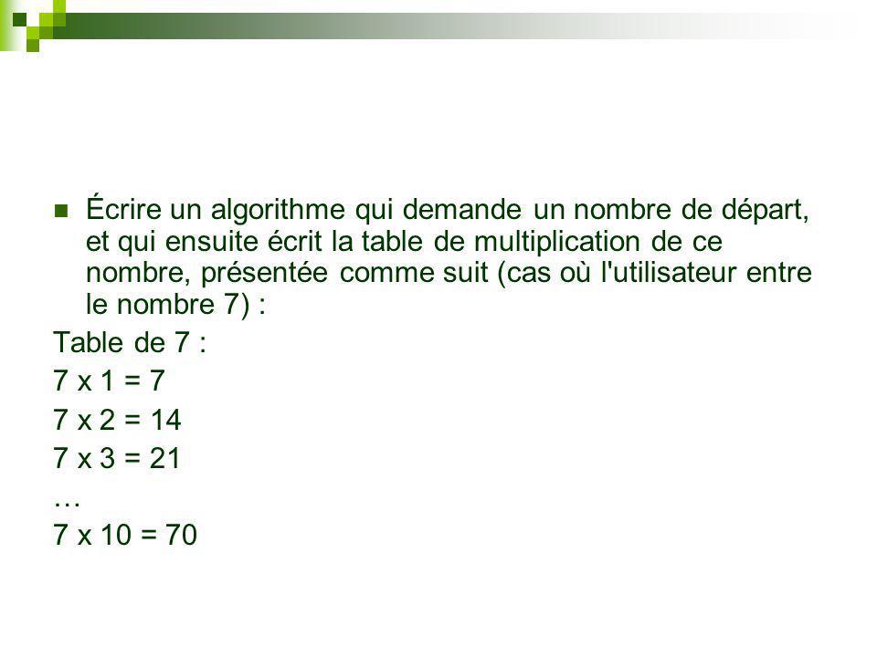 Écrire un algorithme qui demande un nombre de départ, et qui ensuite écrit la table de multiplication de ce nombre, présentée comme suit (cas où l utilisateur entre le nombre 7) :