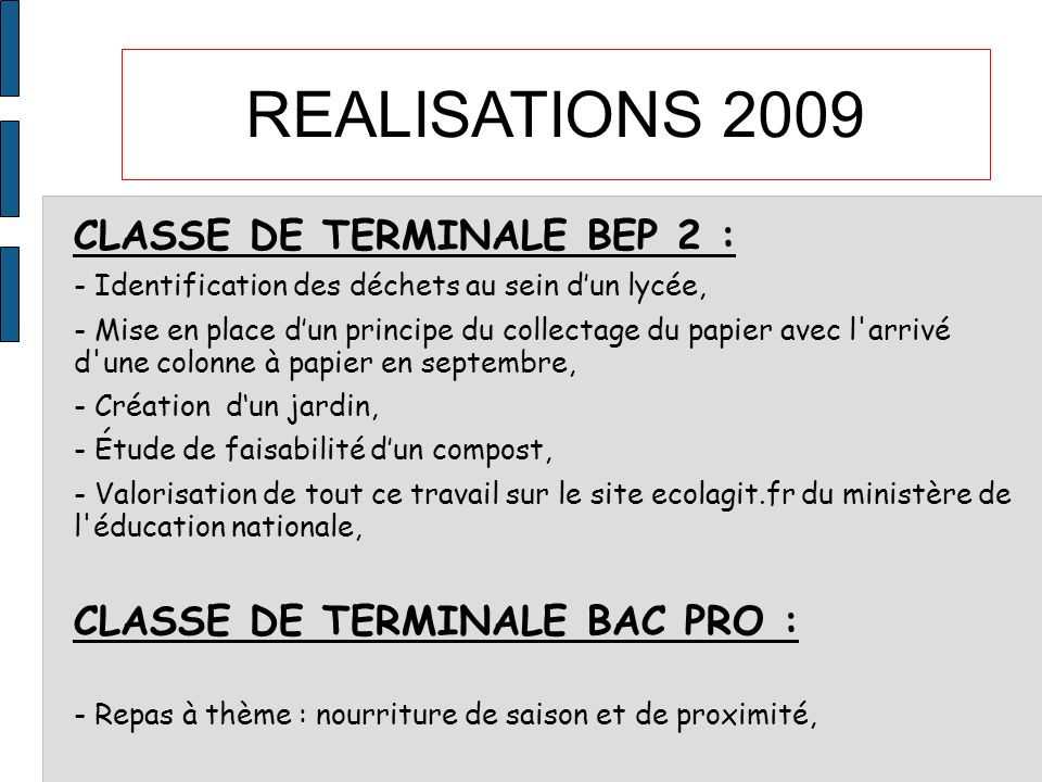 REALISATIONS 2009 CLASSE DE TERMINALE BEP 2 :