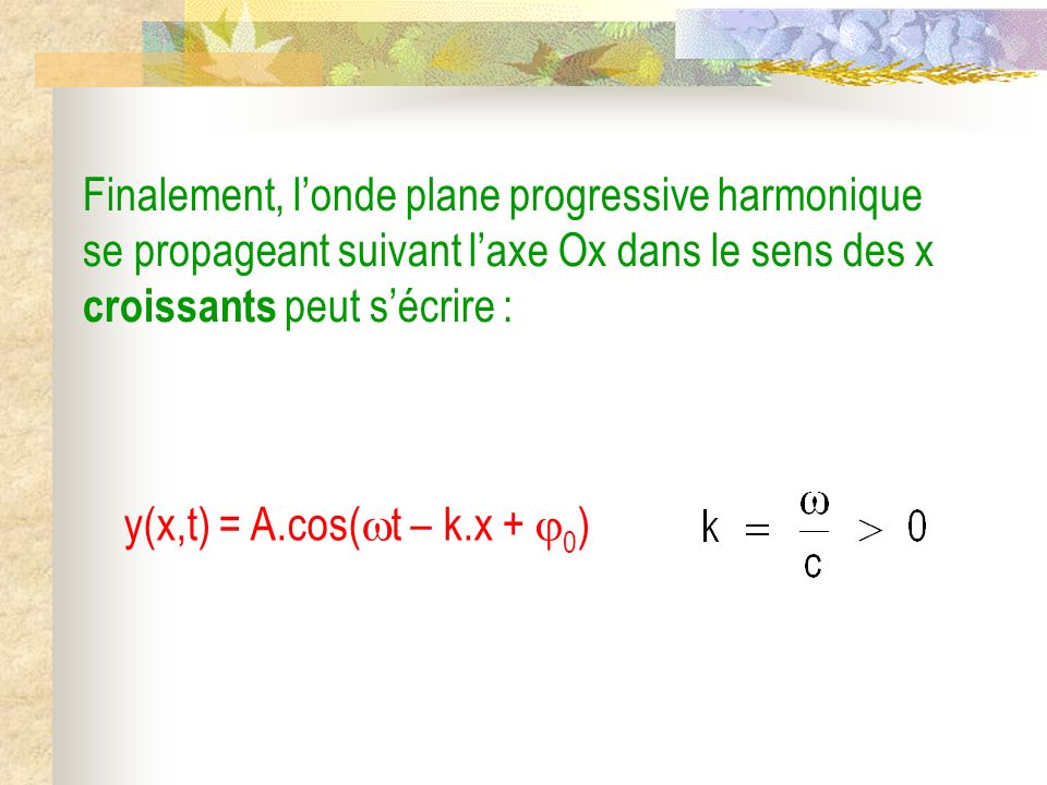 Finalement, l’onde plane progressive harmonique se propageant suivant l’axe Ox dans le sens des x croissants peut s’écrire :