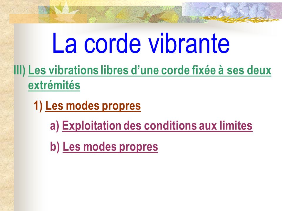 La corde vibrante III) Les vibrations libres d’une corde fixée à ses deux extrémités. 1) Les modes propres.