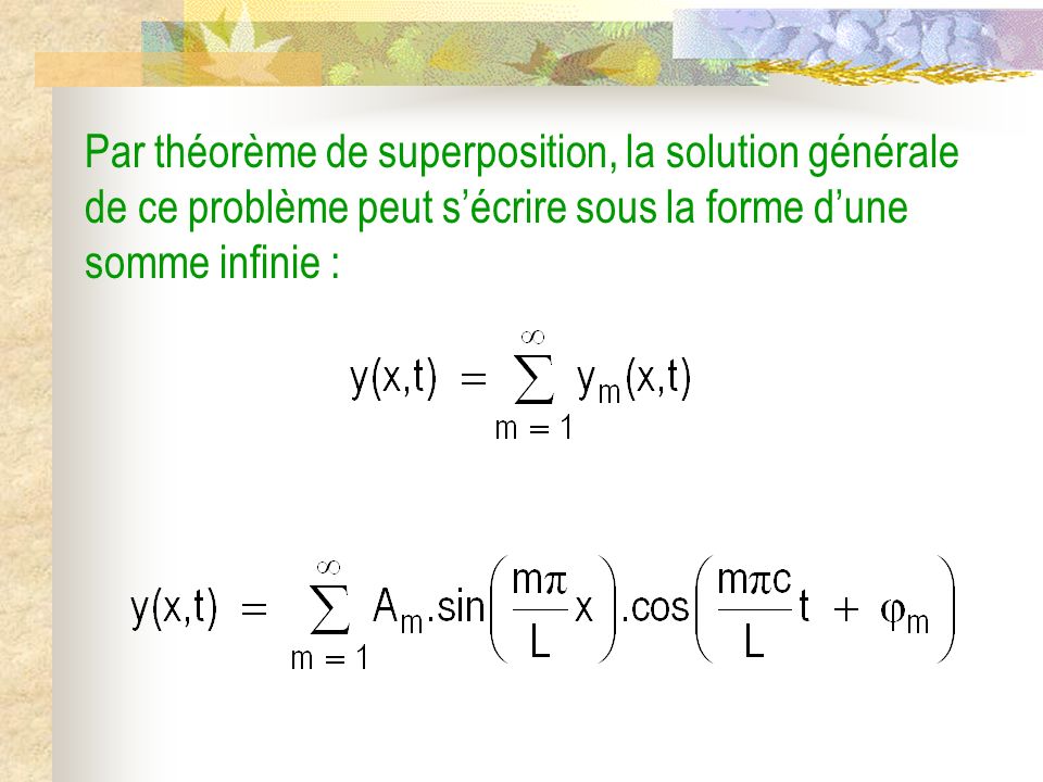 Par théorème de superposition, la solution générale de ce problème peut s’écrire sous la forme d’une somme infinie :
