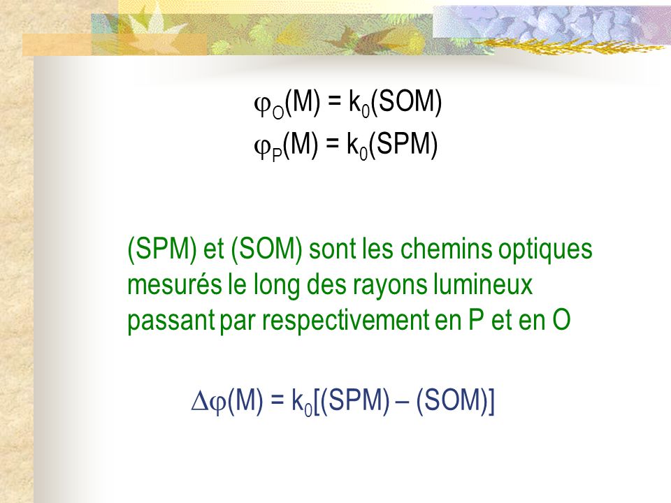 O(M) = k0(SOM) P(M) = k0(SPM) (SPM) et (SOM) sont les chemins optiques mesurés le long des rayons lumineux passant par respectivement en P et en O.