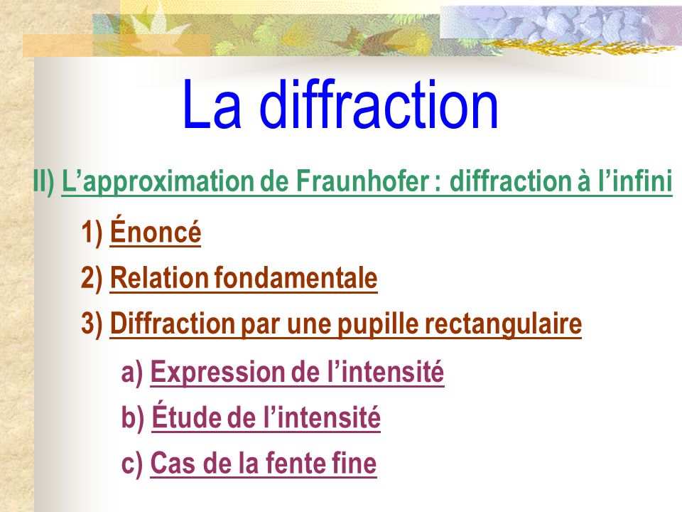 La diffraction II) L’approximation de Fraunhofer : diffraction à l’infini. 1) Énoncé. 2) Relation fondamentale.