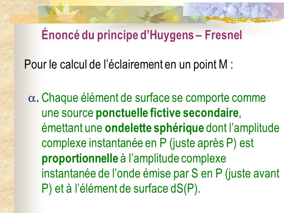 Énoncé du principe d’Huygens – Fresnel