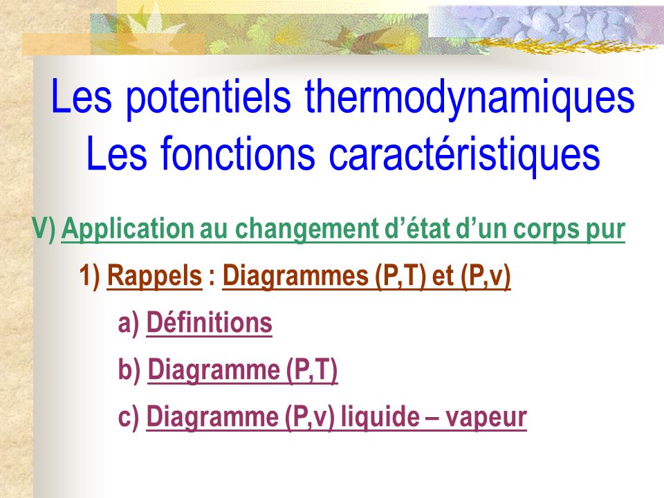 Les potentiels thermodynamiques Les fonctions caractéristiques