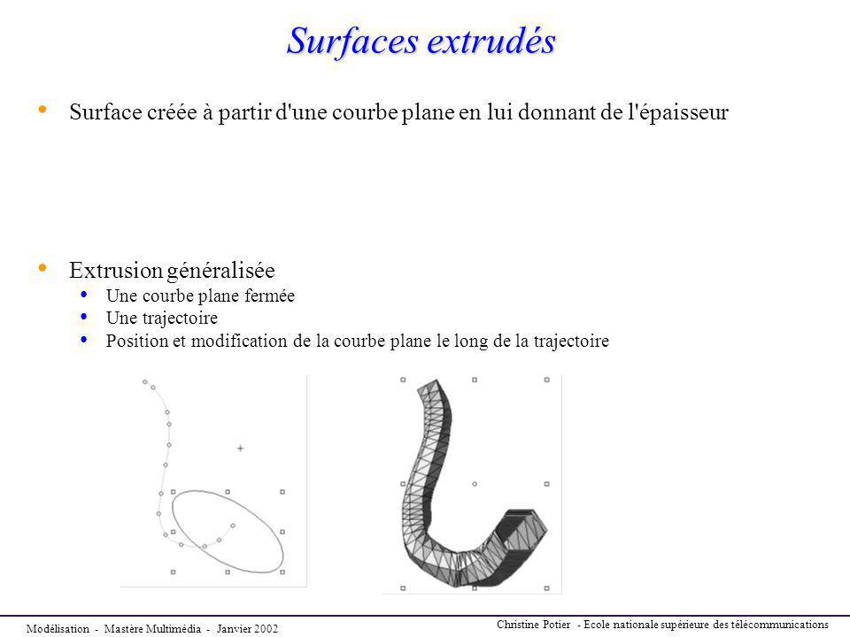 Surfaces extrudés Surface créée à partir d une courbe plane en lui donnant de l épaisseur. Extrusion généralisée.