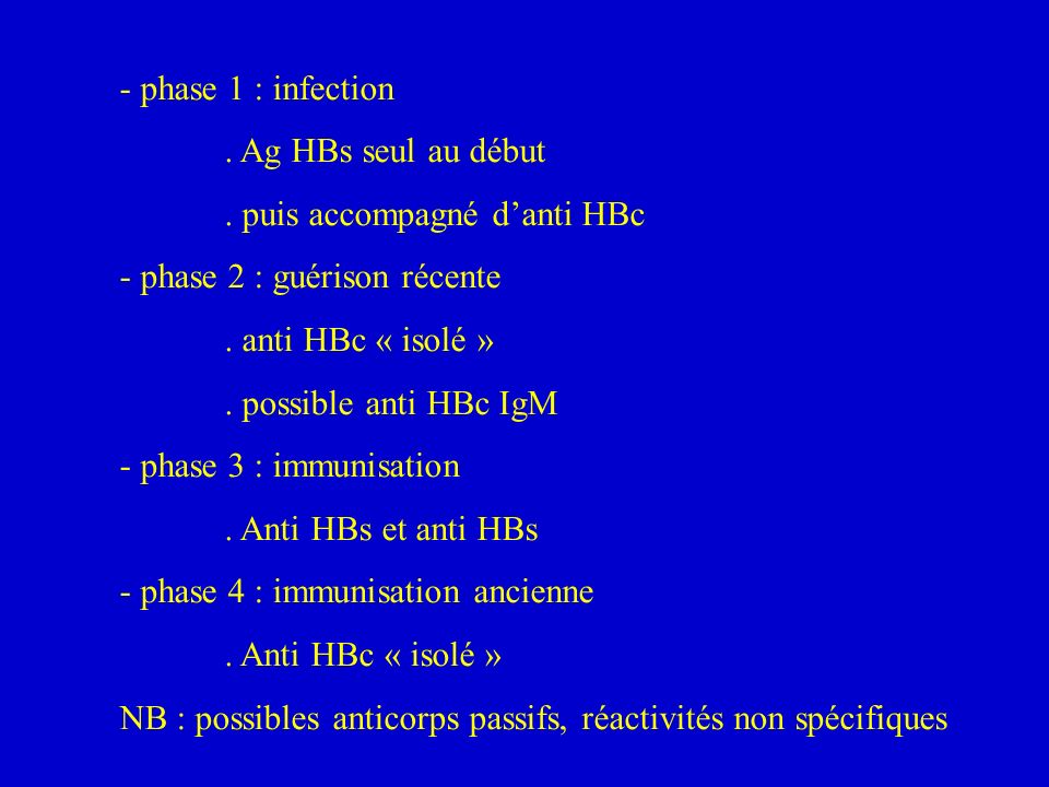 - phase 1 : infection . Ag HBs seul au début. . puis accompagné d’anti HBc. - phase 2 : guérison récente.