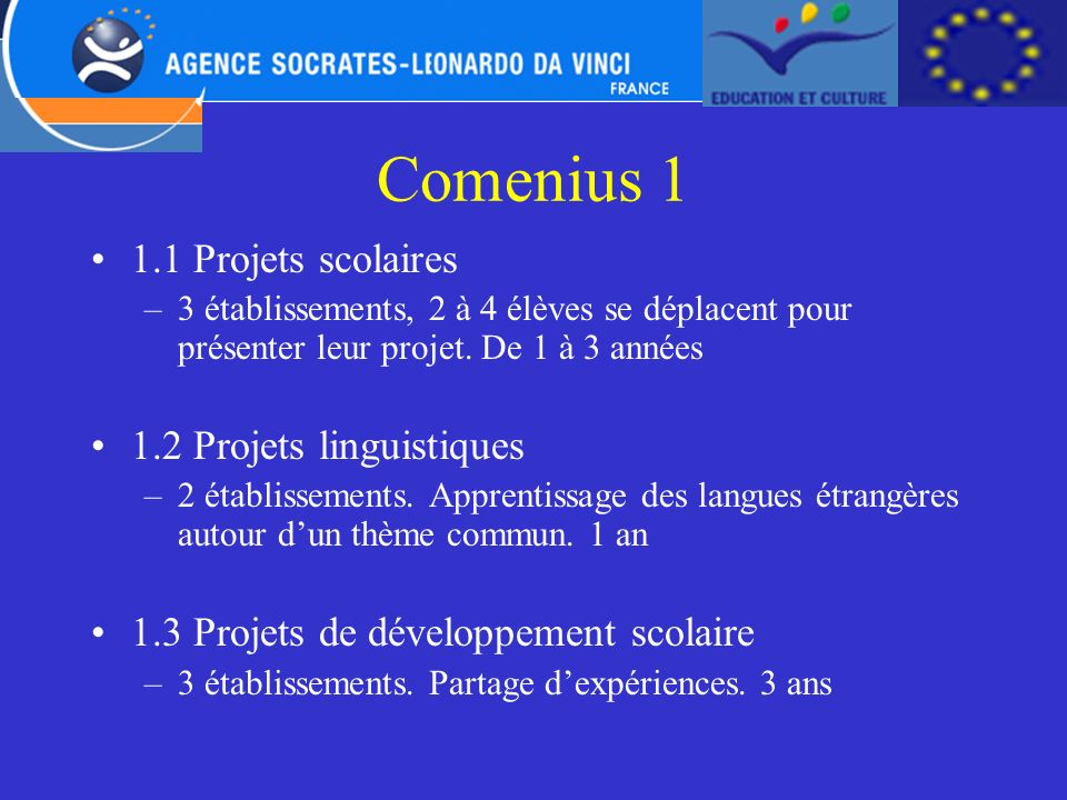 Comenius Projets scolaires 1.2 Projets linguistiques