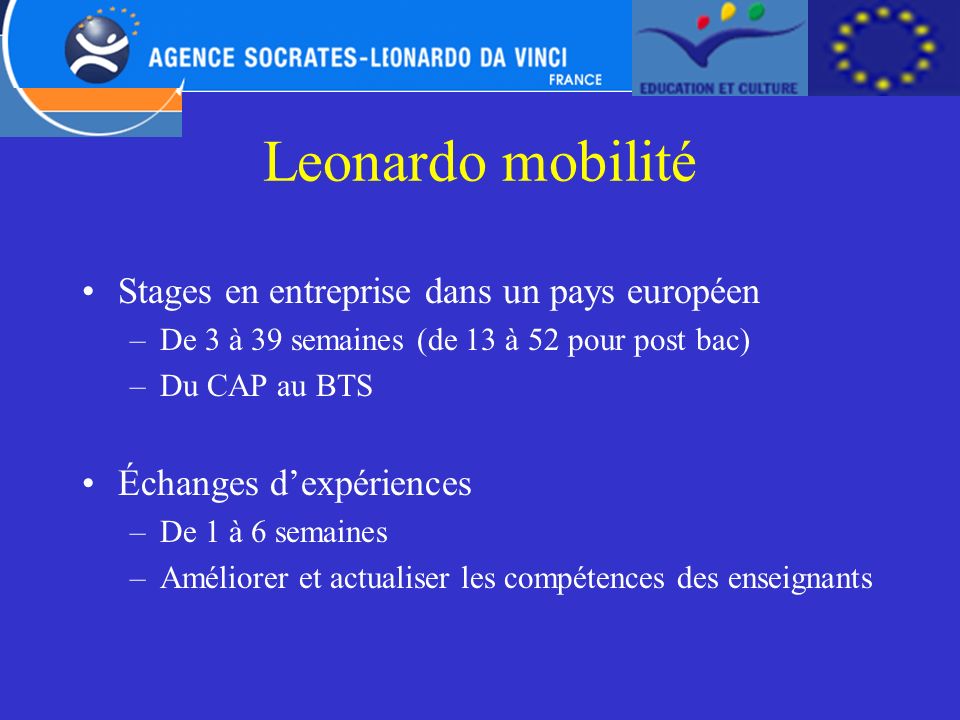 Leonardo mobilité Stages en entreprise dans un pays européen