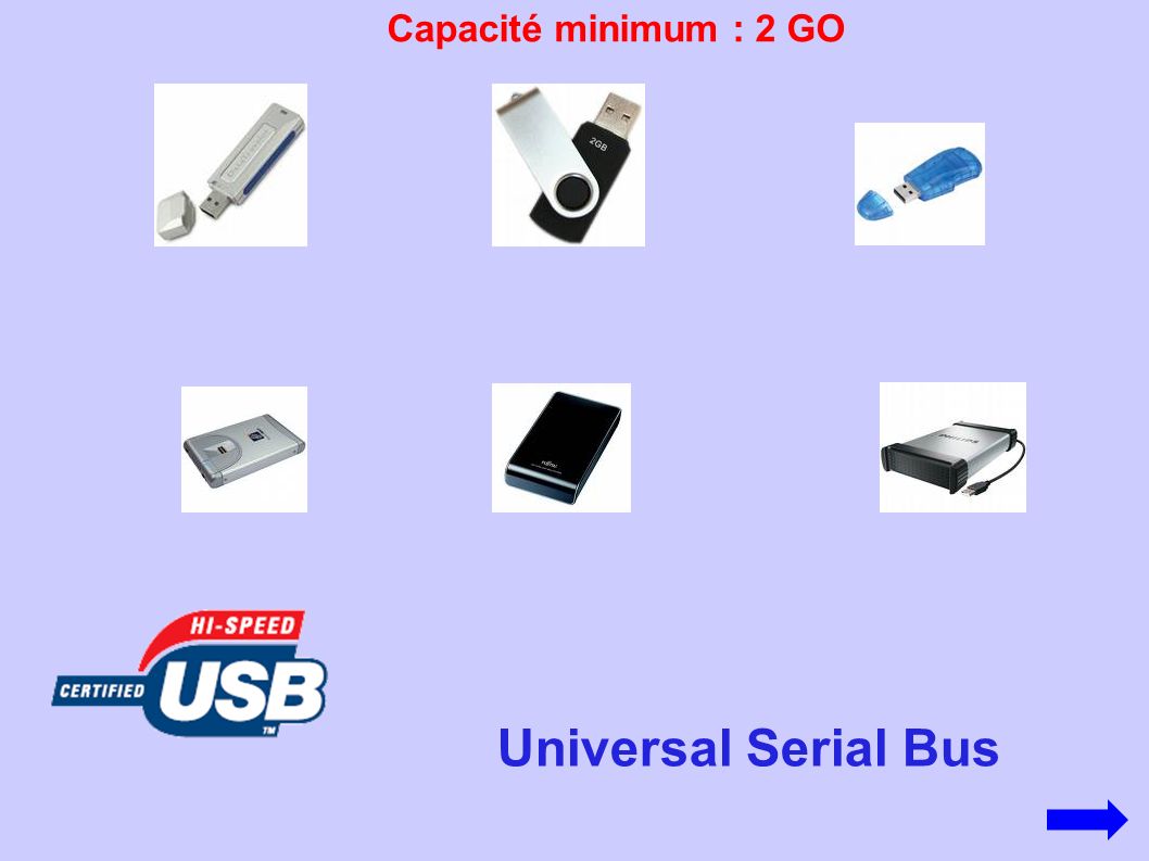 Capacité minimum : 2 GO Universal Serial Bus