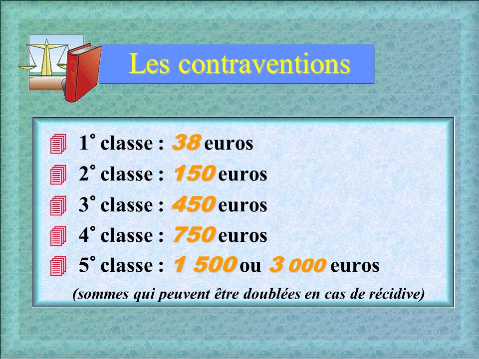 Les contraventions  1° classe : 38 euros  2° classe : 150 euros