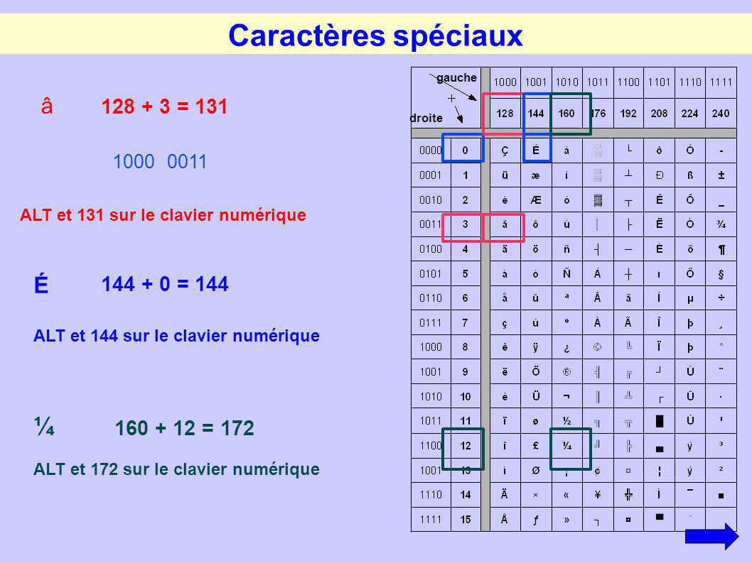 Caractères spéciaux ¼ â É = = = 172