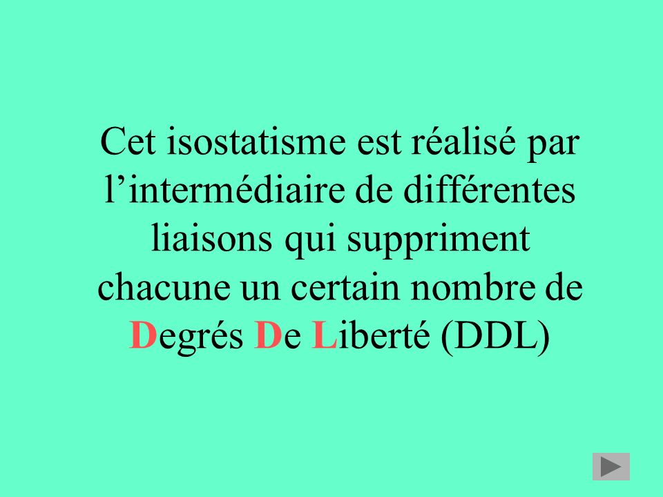 Cet isostatisme est réalisé par l’intermédiaire de différentes liaisons qui suppriment chacune un certain nombre de Degrés De Liberté (DDL)