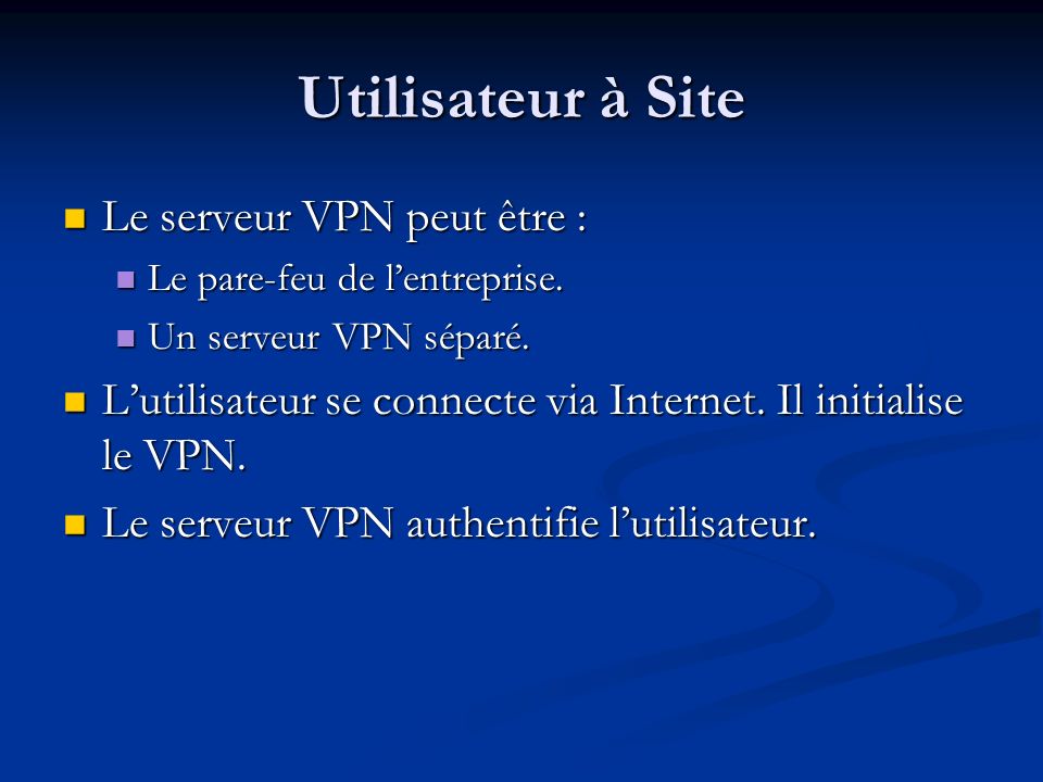 Utilisateur à Site Le serveur VPN peut être :