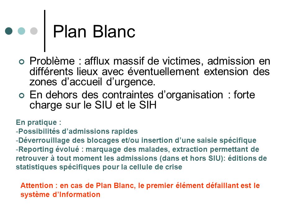 Plan Blanc Problème : afflux massif de victimes, admission en différents lieux avec éventuellement extension des zones d’accueil d’urgence.