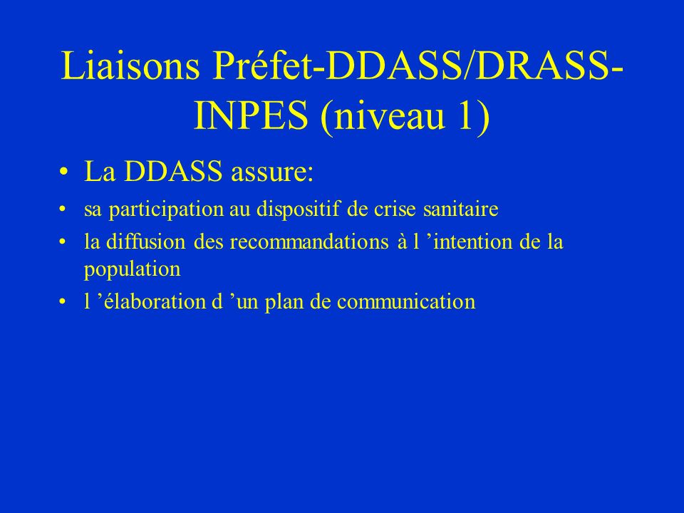 Liaisons Préfet-DDASS/DRASS-INPES (niveau 1)