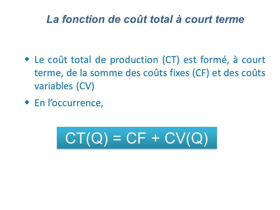 CT(Q) = CF + CV(Q) La fonction de coût total à court terme