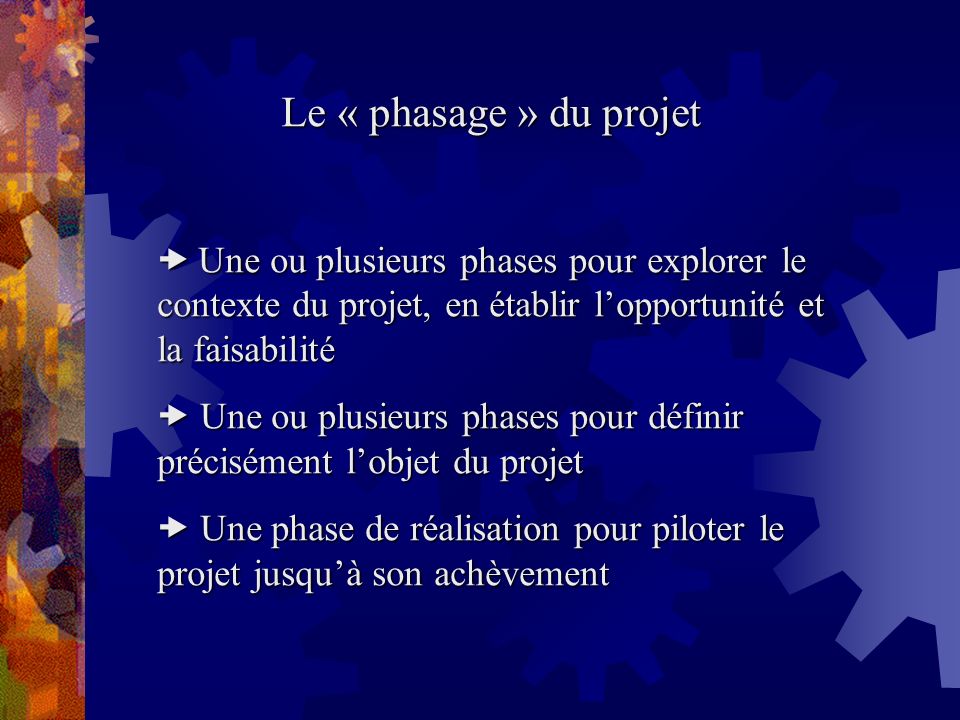 Le « phasage » du projet  Une ou plusieurs phases pour explorer le contexte du projet, en établir l’opportunité et la faisabilité.