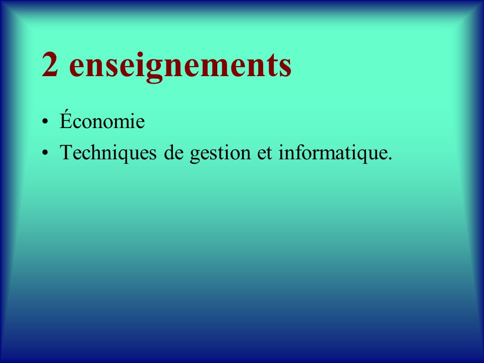 2 enseignements Économie Techniques de gestion et informatique.