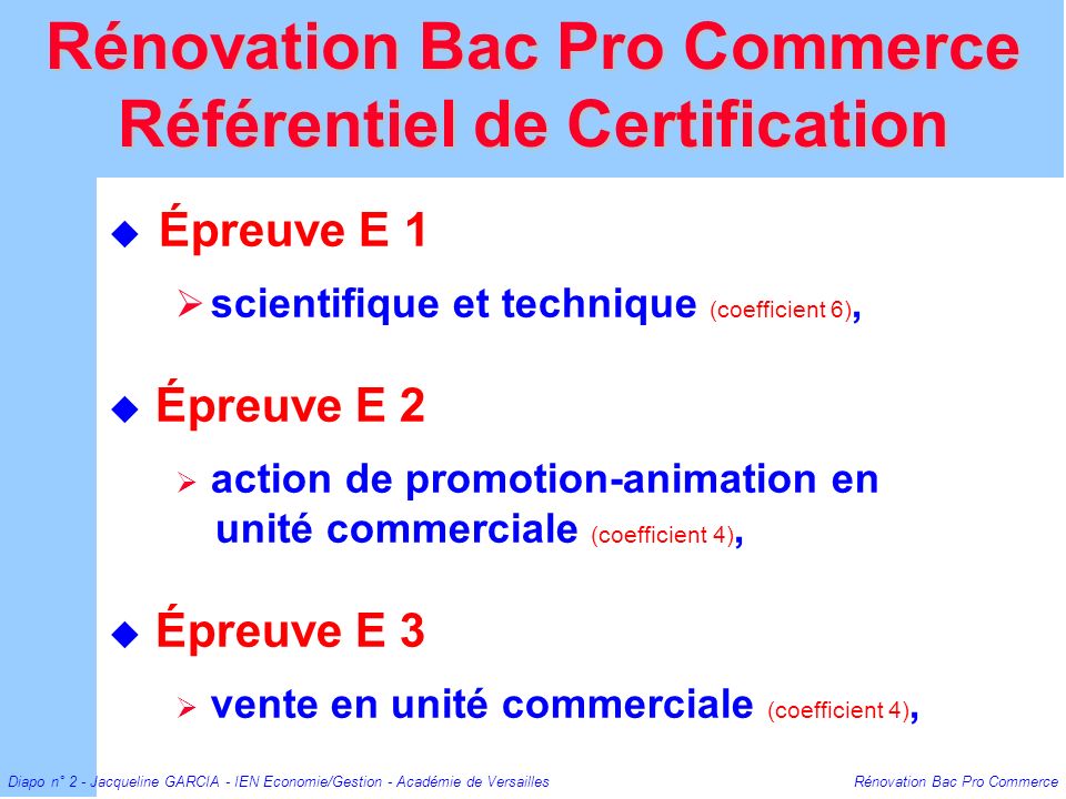 Rénovation Bac Pro Commerce Référentiel de Certification