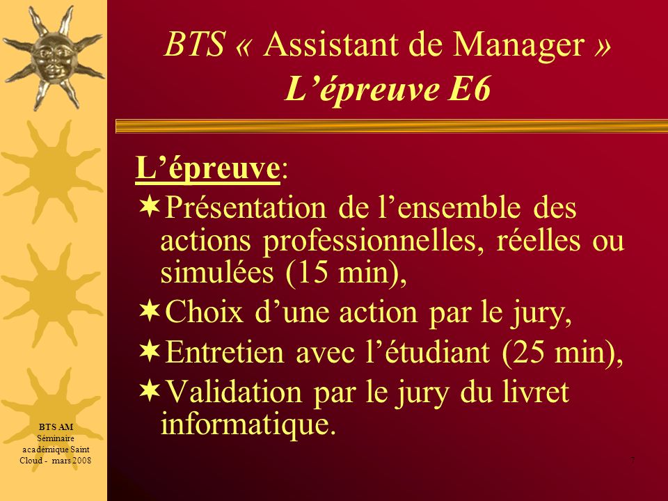 BTS « Assistant de Manager » L’épreuve E6