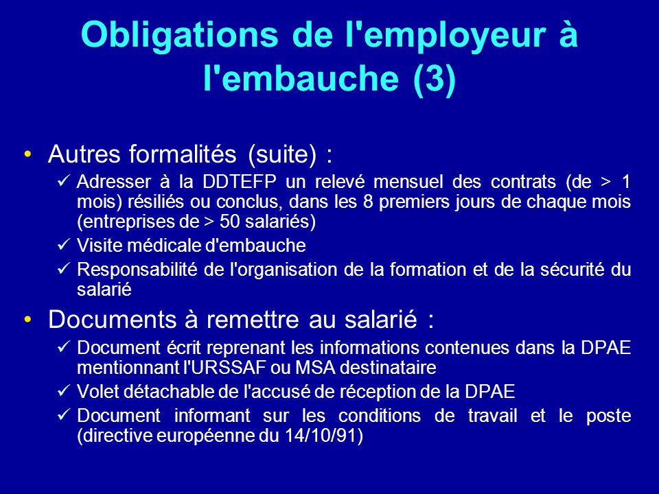 Obligations de l employeur à l embauche (3)