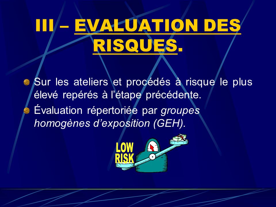 III – EVALUATION DES RISQUES.