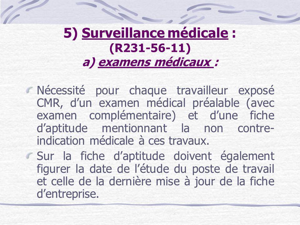 5) Surveillance médicale : (R ) a) examens médicaux :