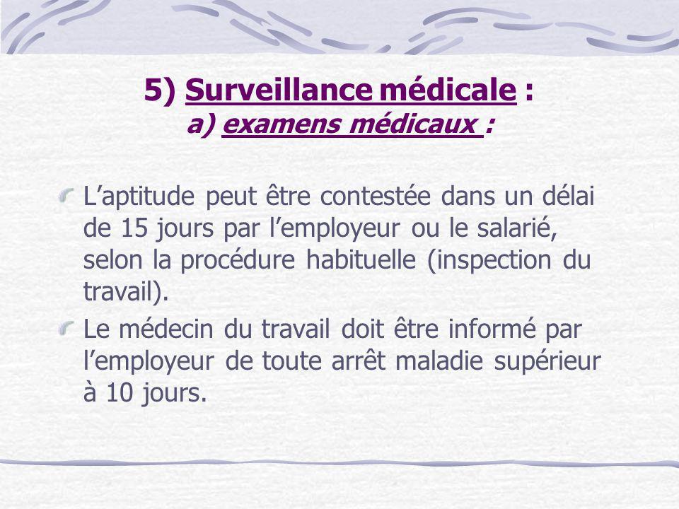 5) Surveillance médicale : a) examens médicaux :