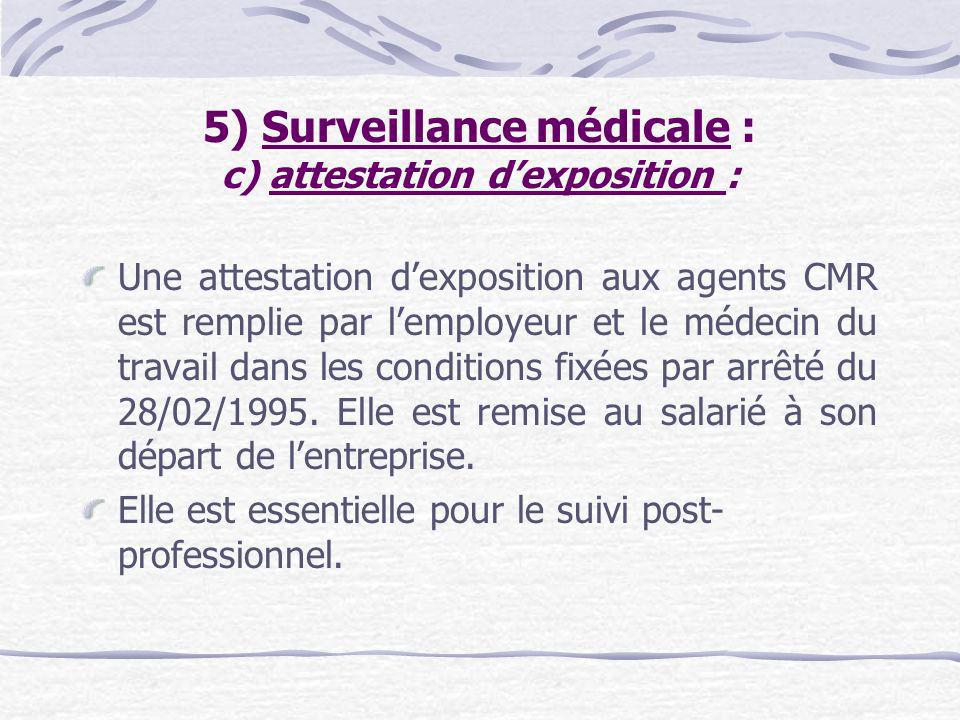 5) Surveillance médicale : c) attestation d’exposition :