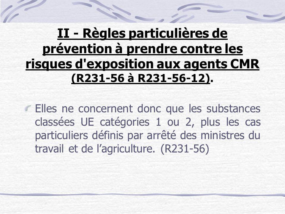 II - Règles particulières de prévention à prendre contre les risques d exposition aux agents CMR (R à R ).
