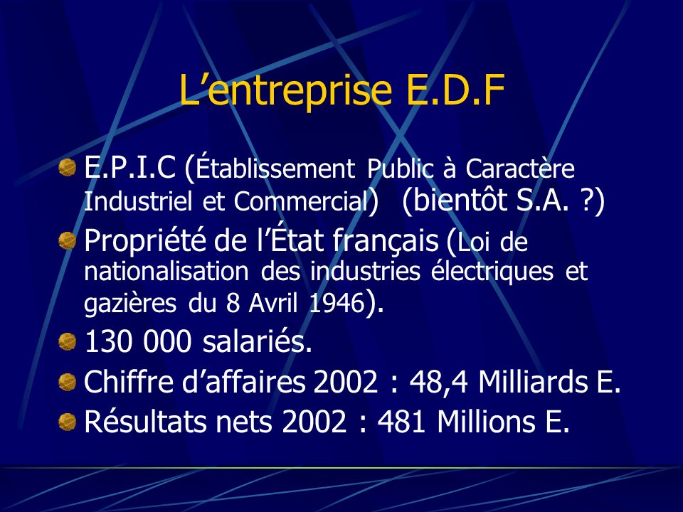 L’entreprise E.D.F E.P.I.C (Établissement Public à Caractère Industriel et Commercial) (bientôt S.A. )