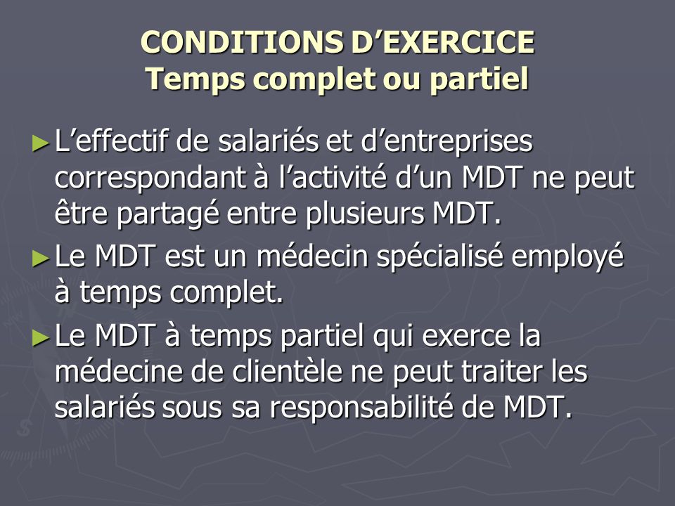 CONDITIONS D’EXERCICE Temps complet ou partiel
