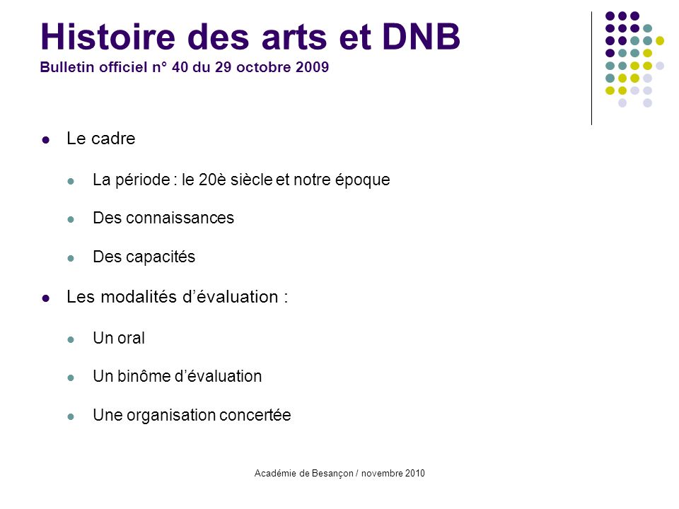Histoire des arts et DNB Bulletin officiel n° 40 du 29 octobre 2009